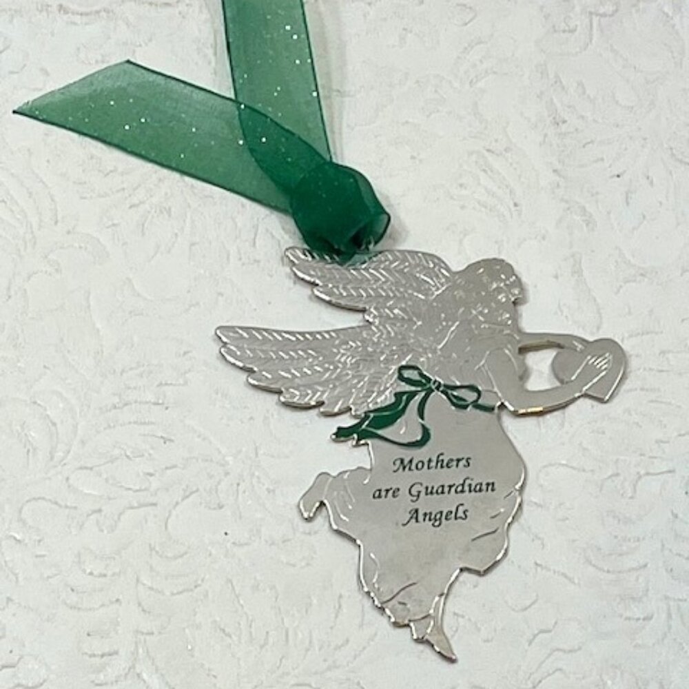 Silver Tone Mothers Are Guardian Angels Heart Christmas Tree Ornament 3"x3.5"